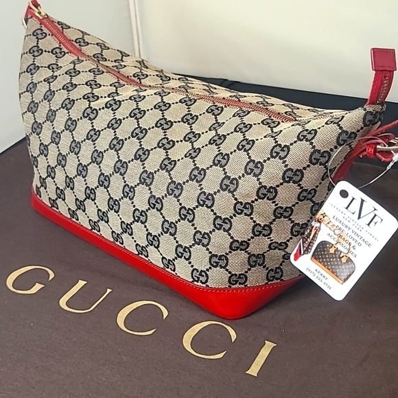 GUCCI VINTAGE ULTRA RARE 1990’S GG CANVAS THREE WAY CONVERTIBLE BAG NAVY/RED/TAN - Picture 1 of 17
